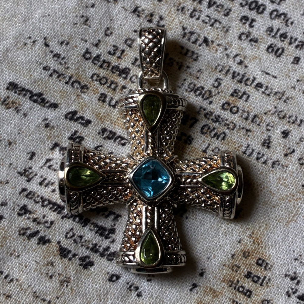 Judith Ripka Sterling Silver Cross Enhancer Aquamarine & Peridot Gemstones - Picture 7 of 14